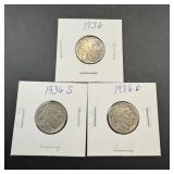 (3) Buffalo Nickels: 1936-p, 1936-d, 1936-s.