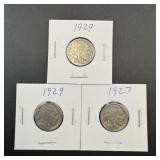 (3) Buffalo Nickels: (2) 1929, (1) 1927.
