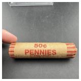 50ï¿½ Penny Roll, 1906 Indian Head Cent on one end a