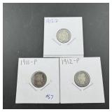 1911, 1912 & 1912-D Barber Dimes - 90% Silver