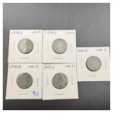 War Silver Nickels: 1943-P, 43-S, 44-D, 45 & 45-D
