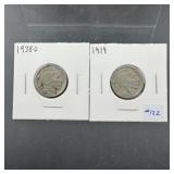 Buffalo Nickels 1919 & 1938-D, nice clear date coi