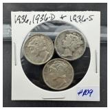 1936, 1936-D & 1936-S Mercury Dimes - Very Nice!