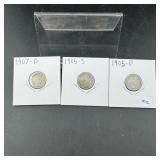 1905, 1905-S & 1907-D Barber Dimes - 90% Silver