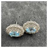 Sterling Silver Blue Topaz Earrings, Marked 925. W