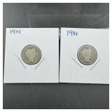 (2) 1914 Barber Silver Dimes