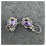 Sterling Silver Purple Amethyst Earrings, Marked 9