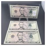 Three Consecutive 2013 $5 Federal Reserve Notes Un