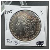 1888-S Morgan Silver Dollar with toning. Mintage 6