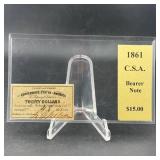 1861 Confederate States Of America Bond $20.