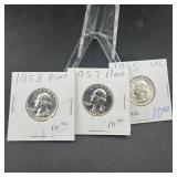 (3) Silver Proof Silver Quarters - 1945 Proof, 195