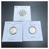 3 Canadian Silver Dimes: 1899, 1962, and 1947.