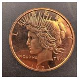 1 Oz .999 Copper Round - 1921 Peace Dollar Design