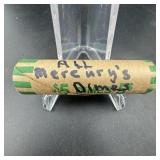 $5 Face Silver Mercury Dime Roll (50 Coins)
