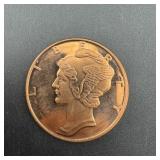 1 Oz .999 Copper Round - Mercury Dime Design