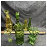 Green Depression Glass & Bottle Assortment