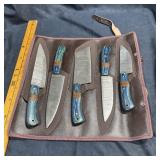 New 5-piece Damascus steel knife set with roll-up