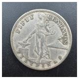 1944-s Philippines 50 Centavos Silver Coin ï¿½ World