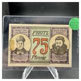 1921 Germany 75 Pfennig Pyritz Notgeld Note