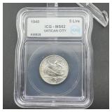 1940 Vatican City 5 Lire Silver Coin; Km#28; Grade