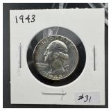 1943 Uncirculated Washington Silver Quarter - Very