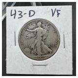 1943-D Walking Liberty Silver Half Dollar VF