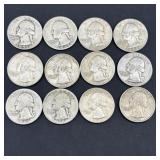 12 Coin Lot 90% Silver Washington Quarters $3.00 F