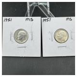 Lot of 2 1951 Roosevelt Silver Dimes ï¿½ High Grade