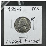 1970s Jefferson Nickel ï¿½ Clipped Planchet Error