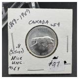 1869-1969 Silver Canadian 25c uncirculated coin