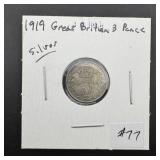 1919 Great Britian Silver 3 Pence Silver Coin - gr