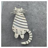 Sterling Silver Striped Cat Pin Brooch 925 14.3 Gr