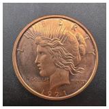 1921 Peace Dollar Design 1 Oz Copper Round