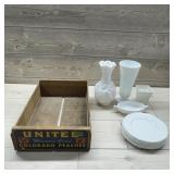 Unite Colorado Peaches Crate & Milk Glass Lot