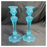(2) 10" Blue Glass Candle Holders - Fenton? - Uns