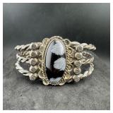 Dark Stone Sterling Silver Cuff Bracelet; Marked 9