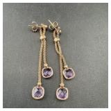 Purple Amethyst Sterling Silver Earrings; Marked 9