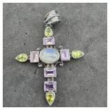Sterling Silver Multi Stone Cross Pendant; Marked