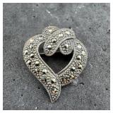 Vintage Sterling Silver And Marcasite Heart Pin Br