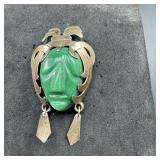 Sterling Silver Green Mask Pendant Brooch - 21.6 G