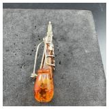 Sterling Silver Amber Saxophone Brooch - 8.3 Grams