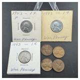 1943 steel cents and four wheat pennies.