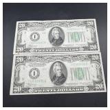 Two 1934 $20 Federal Reserve Notes