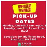 Pick-up: Monday, June 8th: 9 A.m. -6 P.m. & Tuesda