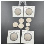 10 Britain pennies, 10 pounds, and five-piece fore