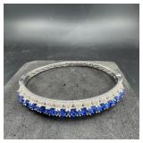Silver Tone Blue Rhinestone Hinged Bracelet