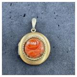 Vintage Carved Coral Rose Locket Pendant