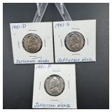 (3) Jefferson Nickels  See Photos for Dates