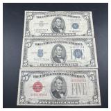 3 note $5 set 1928, 1934, 1953