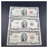 Three 1953 $2 Red Seal Notes